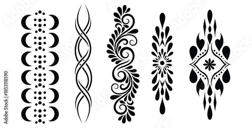 Collection of five black and white intricate henna body art and temporary tattoo stencil designs