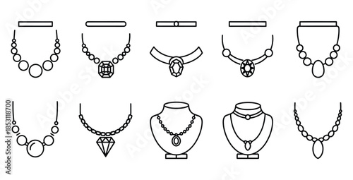 Collection of delicate black and white outline icons representing various styles of elegant necklaces and pendants