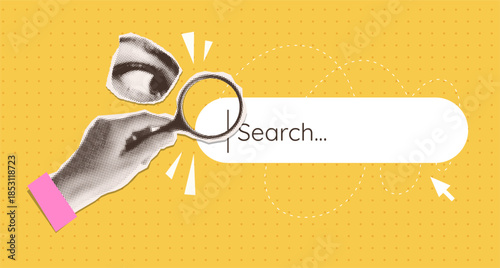 Cover with browser bar, toolbar. Human hand with magnifying glass in dotted pop art style. Retro halftone search bar with paper collage eye. Vector illustration for mixed media design.