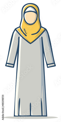 Vector icon of a Muslim woman in a yellow hijab and traditional abaya dress