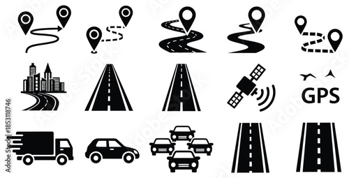 Collection of black and white navigation icons featuring maps routes roads vehicles and global positioning system elements