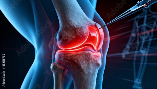 3D Render Medical Background Wallpaper: Close-up of a glowing red knee joint undergoing arthroscopic surgery with surgical instruments, high-tech medical illustration, copy space for modern