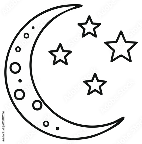 Crescent moon and stars celestial night sky simple outline graphic
