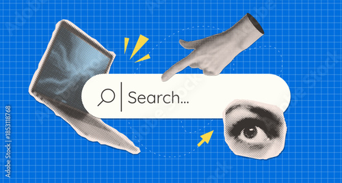 Trendy Halftone Collage Laptop with Search bar, eye and hand with point finger. Online search job. Seo marketing concept. Finding opportunities. Dotted pop art. Torn out paper elements. Vector.