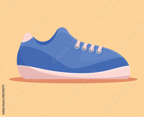 Side view of a blue sport shoe with laces on a yellow background, representing casual footwear for active lifestyles