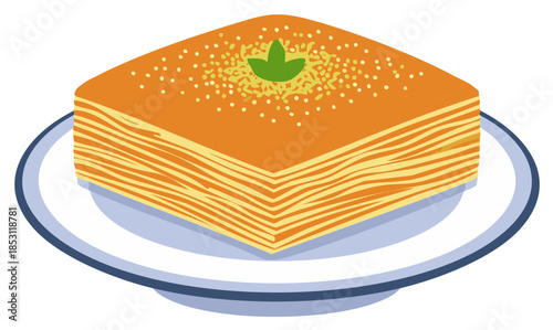 Illustration of a piece of baklava pastry on a plate, featuring multiple layers of dough.