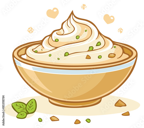 Cartoon dessert bowl with whipped cream, nuts and mint leaves vector illustration