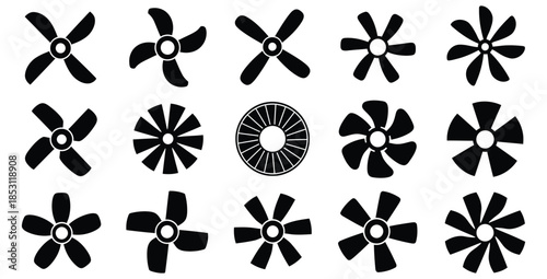 Collection of black silhouette icons representing various industrial and household fan blade designs