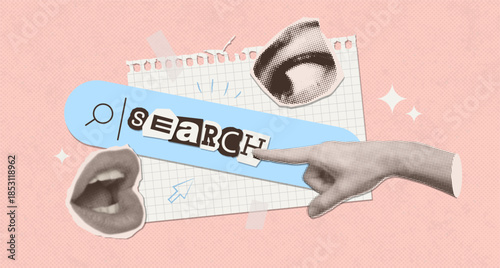 Search bar in halftone collage style with hand, mouth and eye around. AI or voice assistant concept. Collage style search page on background with torn paper. Creative prompt concept. Vector