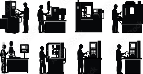 Industrial manufacturing workers silhouette illustration set showing operators using CNC machines and factory equipment isolated on white background