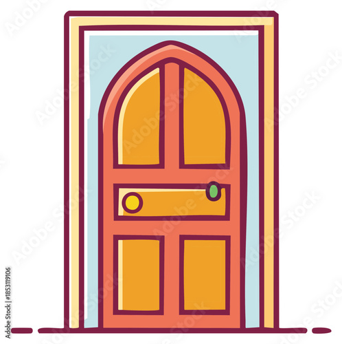 Colorful cartoon arched door illustration with doorknob and keyhole, whimsical entrance vector art