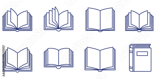 Collection of eight simple navy blue line art icons representing open and closed books for education or library design
