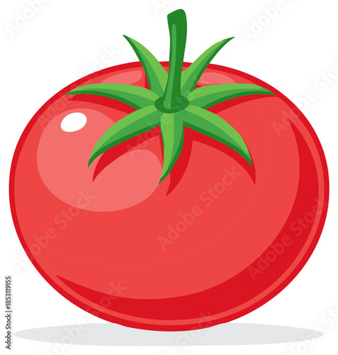 A bright red cartoon tomato with green leaves and stem cast a shadow below