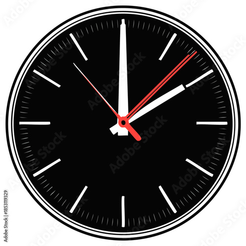 Elegant Black Clock Face with Red Second Hand Ticking Near Midnight