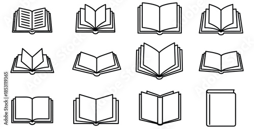 Collection of open and closed book icons in simple black and white line art style for education