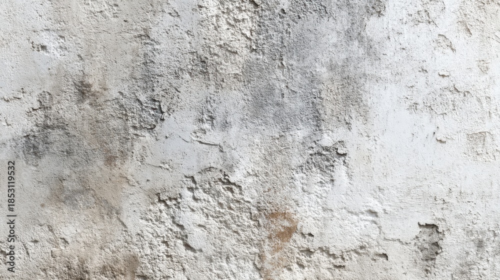 Fototapeta premium Surface has a rough texture made of plaster with visible gray and white tones. The setting appears aged showing wear from the elements over time.
