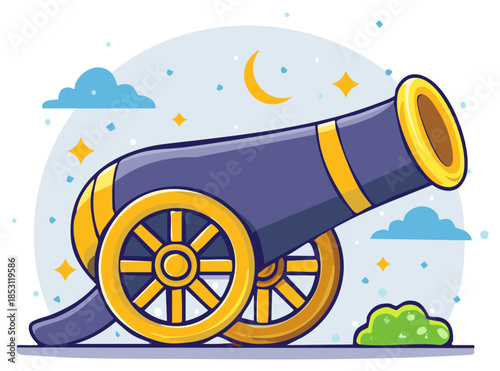 Cannon at Night: Cartoon Style Illustration of Weapon, Moon, and Stars Against Light Sky