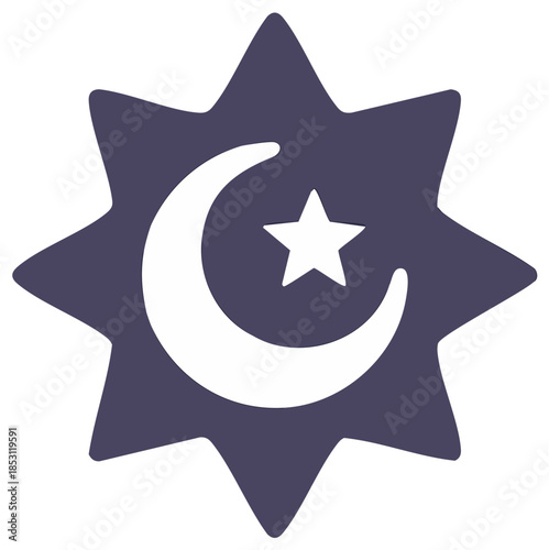Dark purple eight-pointed star with white crescent moon and star symbol, representing faith and culture