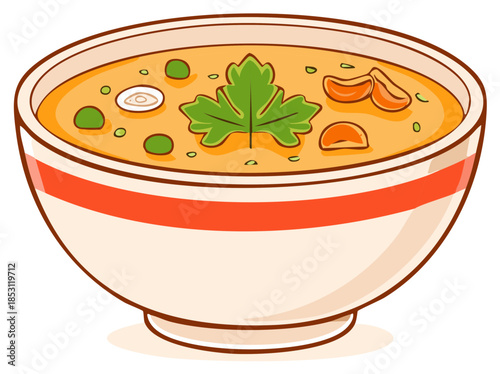 Cartoon illustration of a healthy bowl of vegetable soup with parsley garnish