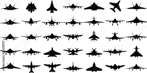 Military aircraft silhouette illustration set featuring fighter jets and airplanes in various front and side views isolated on white background aviation concept