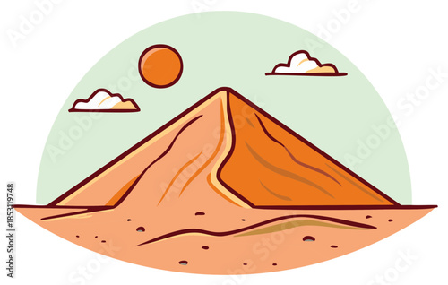 Cartoon illustration of a desert landscape with sun and clouds.