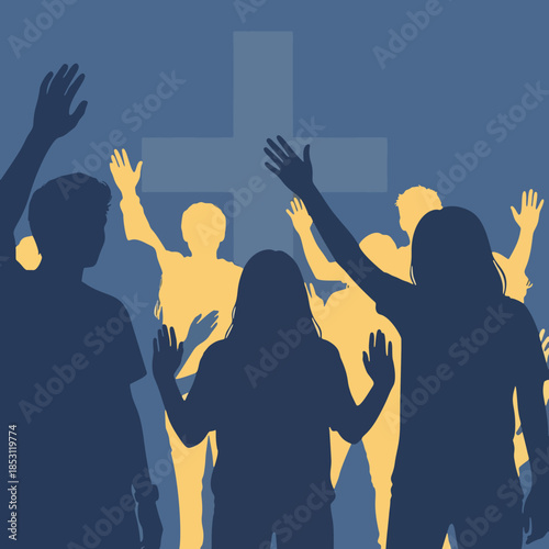 Christian worship young people silhouette lifting hands vector illustration duo color design