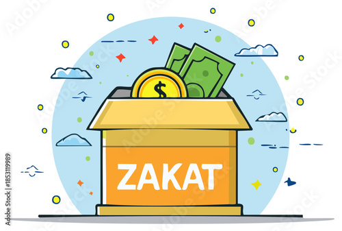 Zakat donation box with money and coins illustration for Islamic charity