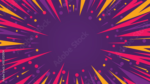 Vibrant Pop Art Style Comic Book Sunburst Background with Dynamic Colorful Speed Lines and Rays of Light