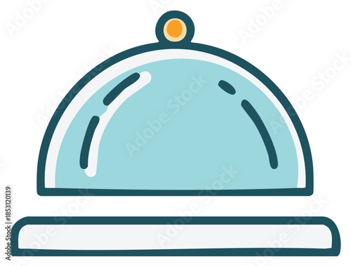 Elegant service bell cartoon, metal bellhop call symbol, simple hand-drawn concierge dining tray, restaurant icon