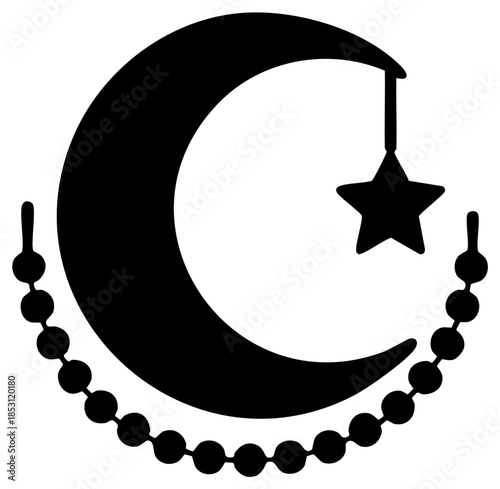 Crescent Moon, Star, and Prayer Beads Black and White Icon Illustration
