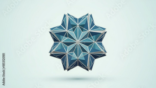 A blue and silver geometric star shape with multiple facets and sharp points on a light blue background with a subtle shadow underneath the object