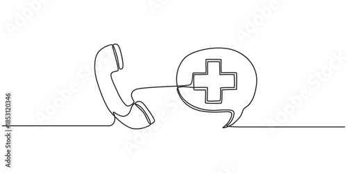 Telephone handset and medical cross in one continuous line drawing, continuous one line art drawing of outline vector illustration design,