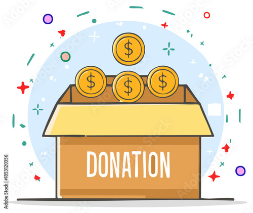 Donation box filled with golden coins with dollar signs and festive confetti illustrations