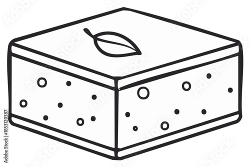 Minimalist line art drawing of a delicious square confectionery with a delicate leaf garnish and patterned sides