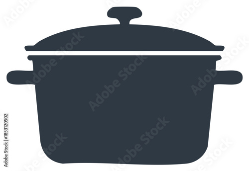 Dark gray cooking pot with lid and handles minimalist kitchenware icon illustration vector graphic design element