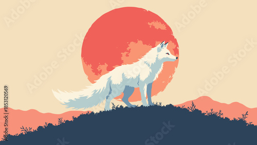 A Kitsune (fox spirit) with nine tails standing on a hill, white fur contrasting with a solid red moon. Minimalist logo style vector