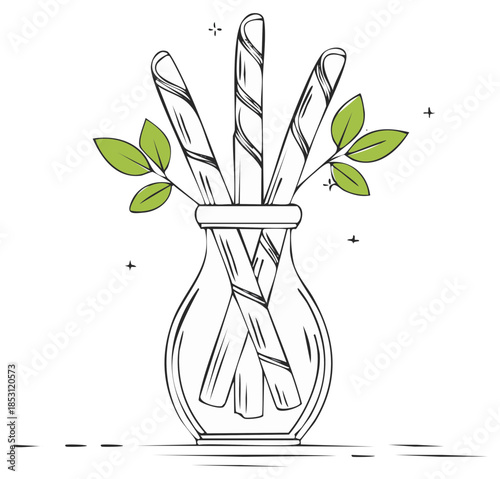 Stylized vase with striped sticks and green leaves Illustration with a minimal aesthetic
