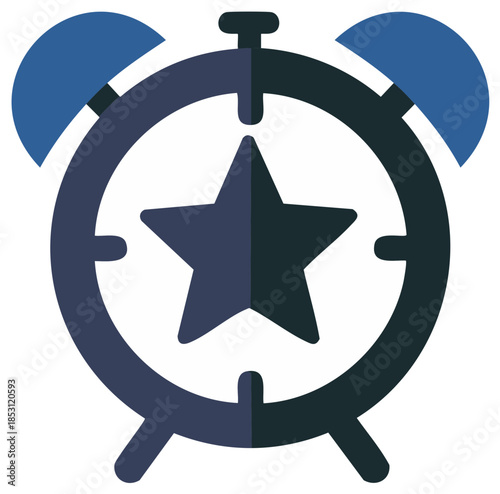 Blue and dark gray alarm clock icon with star symbol representing important time quality deadline or success