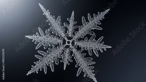 Delicate snowflake crystal formation on dark background with gradient light, intricate frost patterns, winter wonder natural phenomenon