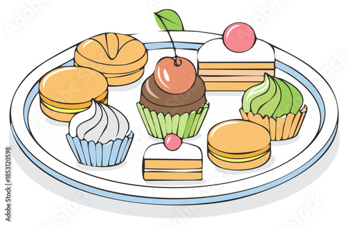 Assortment of delicious pastries and cakes on a white platter illustration