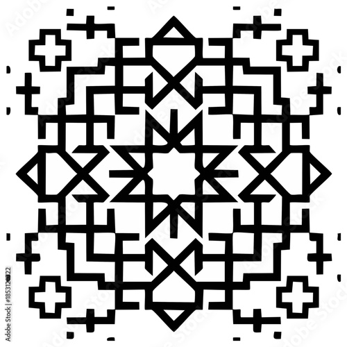 Symmetrical Black and White Geometric Pattern with Star and Cross Motifs