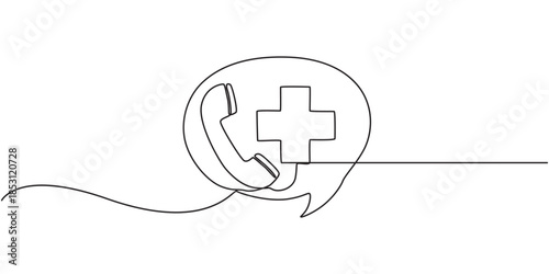 Telephone handset and medical cross in one continuous line drawing, continuous one line art drawing of outline vector illustration design,