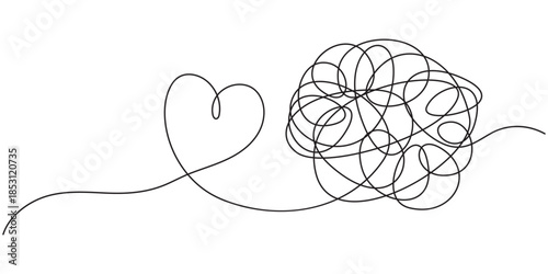 Valentine's Day Heart Doodle Single Continuous Thin Line Drawing Border, Chaotically tangled line and tangled heart. Psychotherapy for couple concept of solving problems is easy.