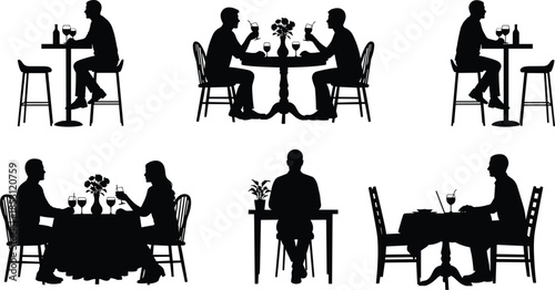 People dining silhouette illustration set showing men and women sitting at restaurant tables drinking wine and enjoying meals isolated on white background