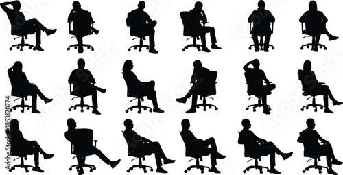 Office people sitting on swivel chairs silhouette illustration set showing men and women in relaxed working poses isolated on white background