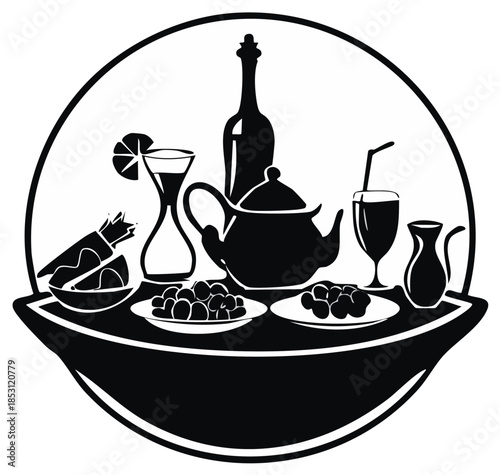 Stylized Food and Drink Arrangement with Fruits and Teapot Illustration