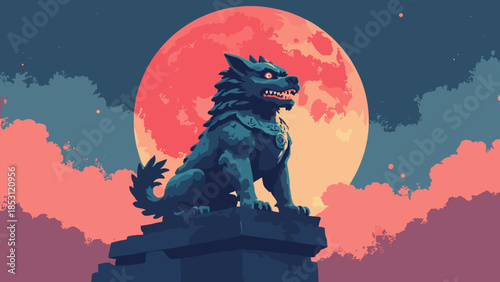 A Shisa lion-dog guardian statue with a red moon glowing behind it. Stone texture rendered in flat vector shapes, high contrast