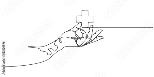 Hand holding medical cross symbol in one continuous line drawing , Continuous line drawing of palm hand holding medical cross and heart love. Vector illustration, continuous one line art drawing of