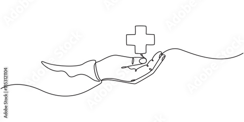 Hand holding medical cross symbol in one continuous line drawing , Continuous line drawing of palm hand holding medical cross and heart love. Vector illustration, continuous one line art drawing of
