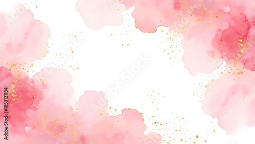 Pink watercolor clouds with gold sparkles on white background